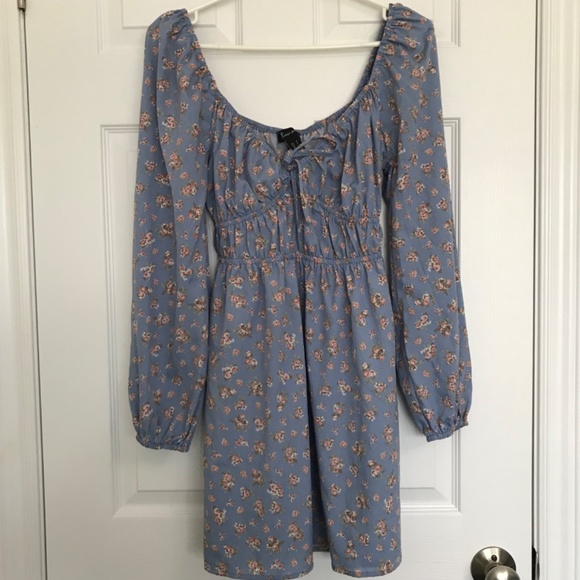 Streetwear Society Long Sleeve Sweetheart Neckline Tie Floral Dress S Blue Peach - Picture 2 of 15